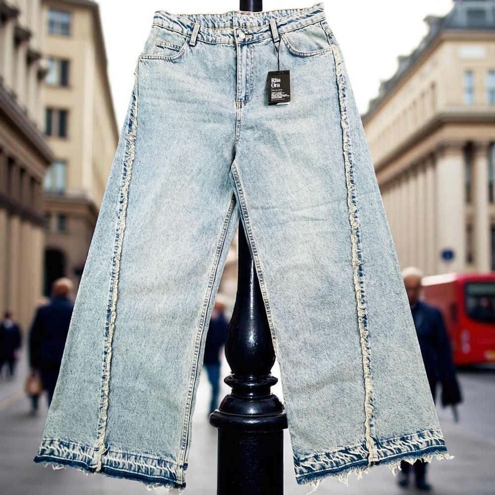 New Womens Baggy Jeans Sz 8/32 Primark UK Rita Ora Blue Distressed Seams Raw Hem